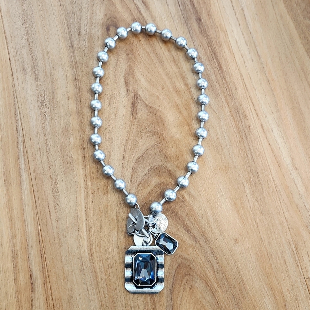 Chunky Charm Necklace, Silver and Black, Beaded